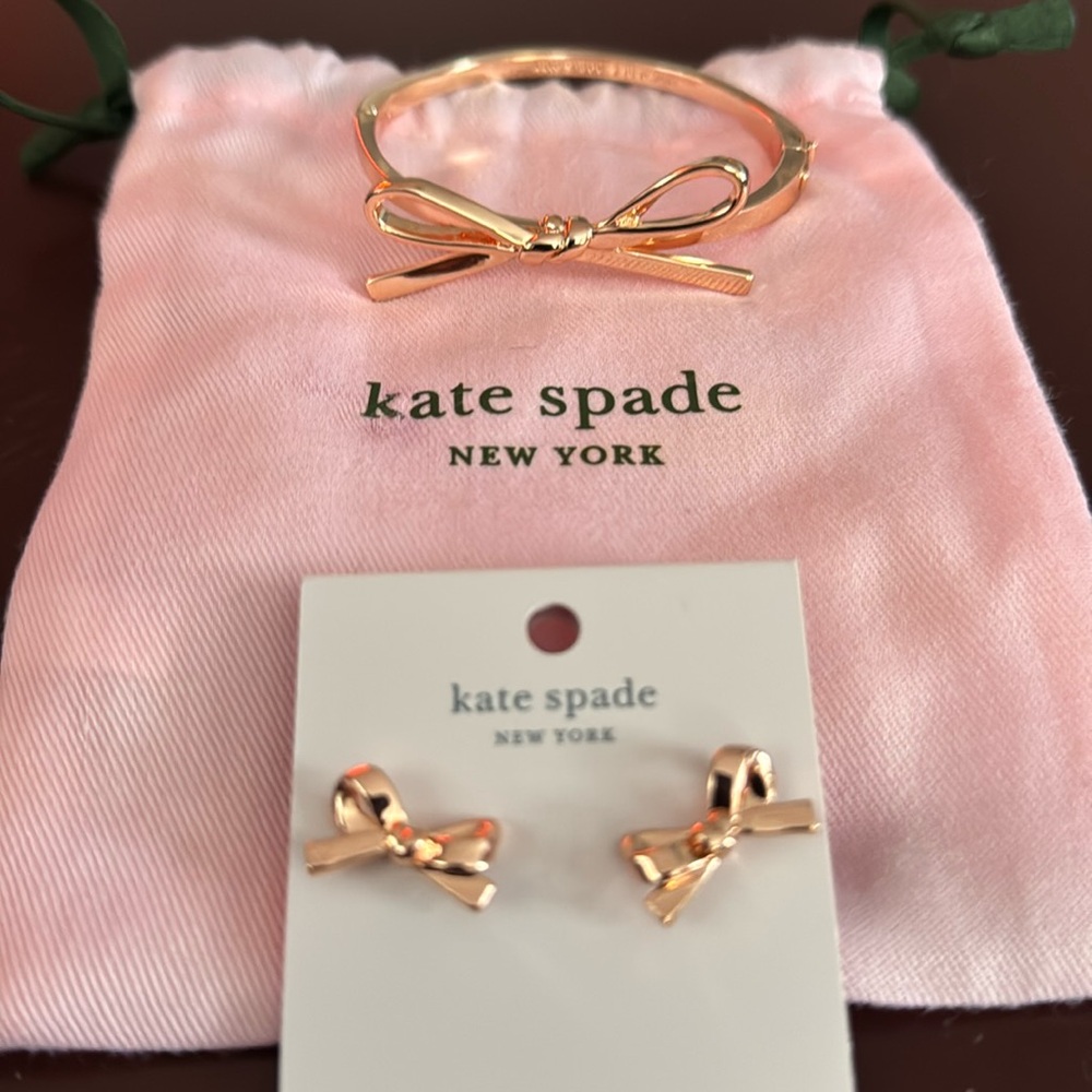 Kate Spade Rose Gold Bow Bracelet and Earrings